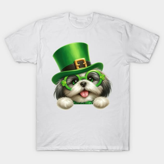 St Patricks Day Peeking Shih Tzu Dog T-Shirt by Chromatic Fusion Studio